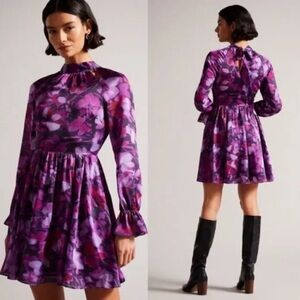 Ted Baker London Sammieh Floral High Neck Mini Dress Pink Purple Sheer Sleeve